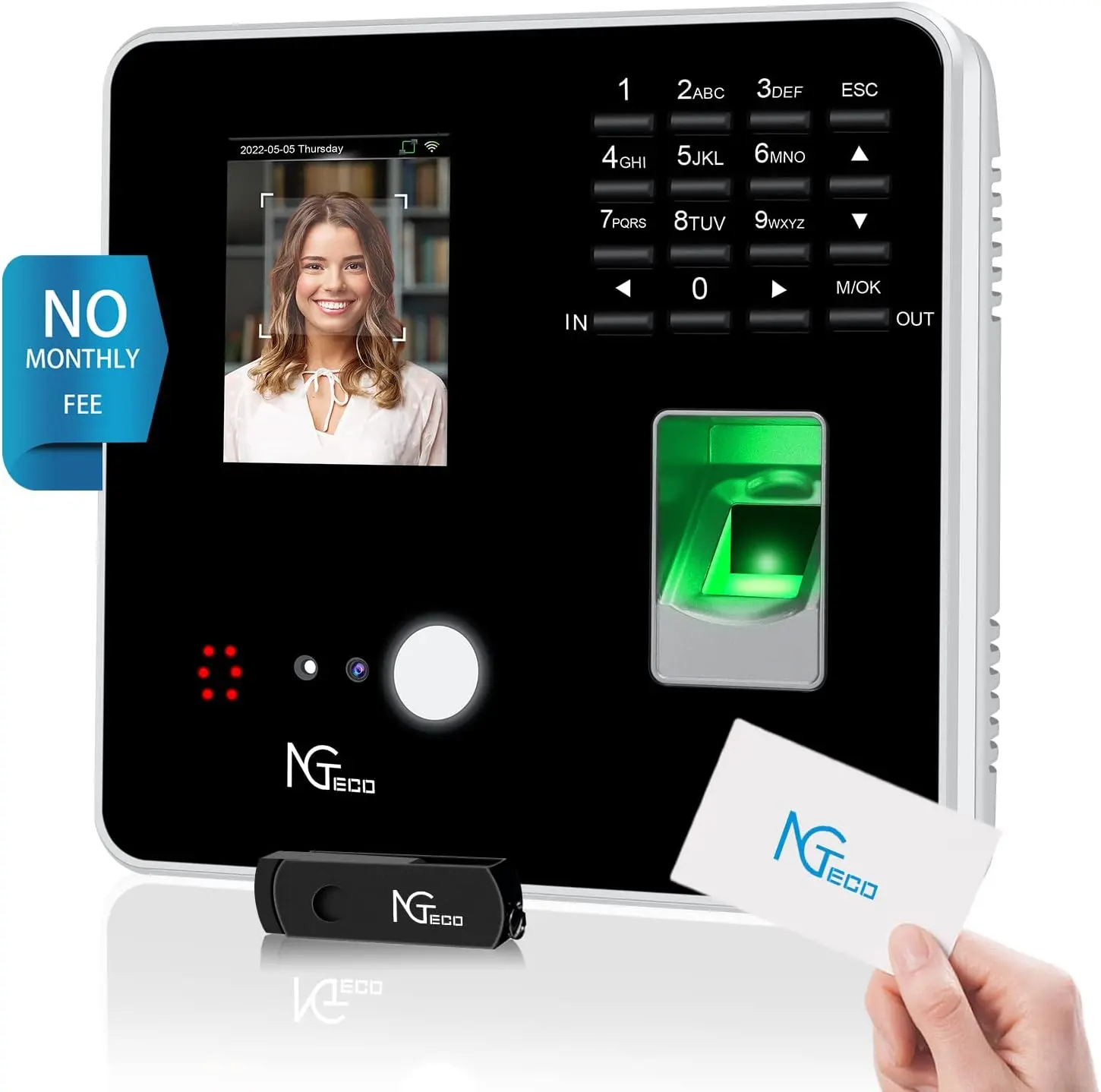 POINTEUSE NGTECO NG-MB2 FACE EMPREINTE RFID CARD PIN WIFI ET RESEAUX RJ45 APPS IOS ANDROID LCD 200 USER BLACK NOIR